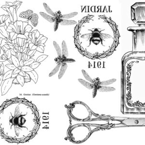 dragonflies and perfume bottle with scissors
