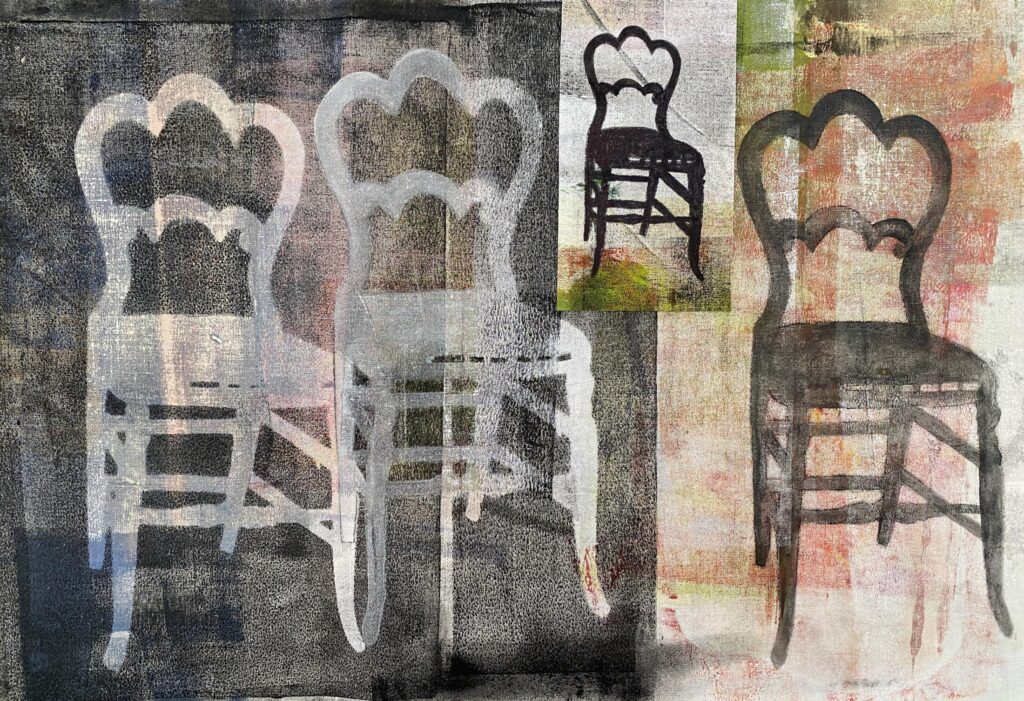 4 chairs on painted fabric monoprinted and painted