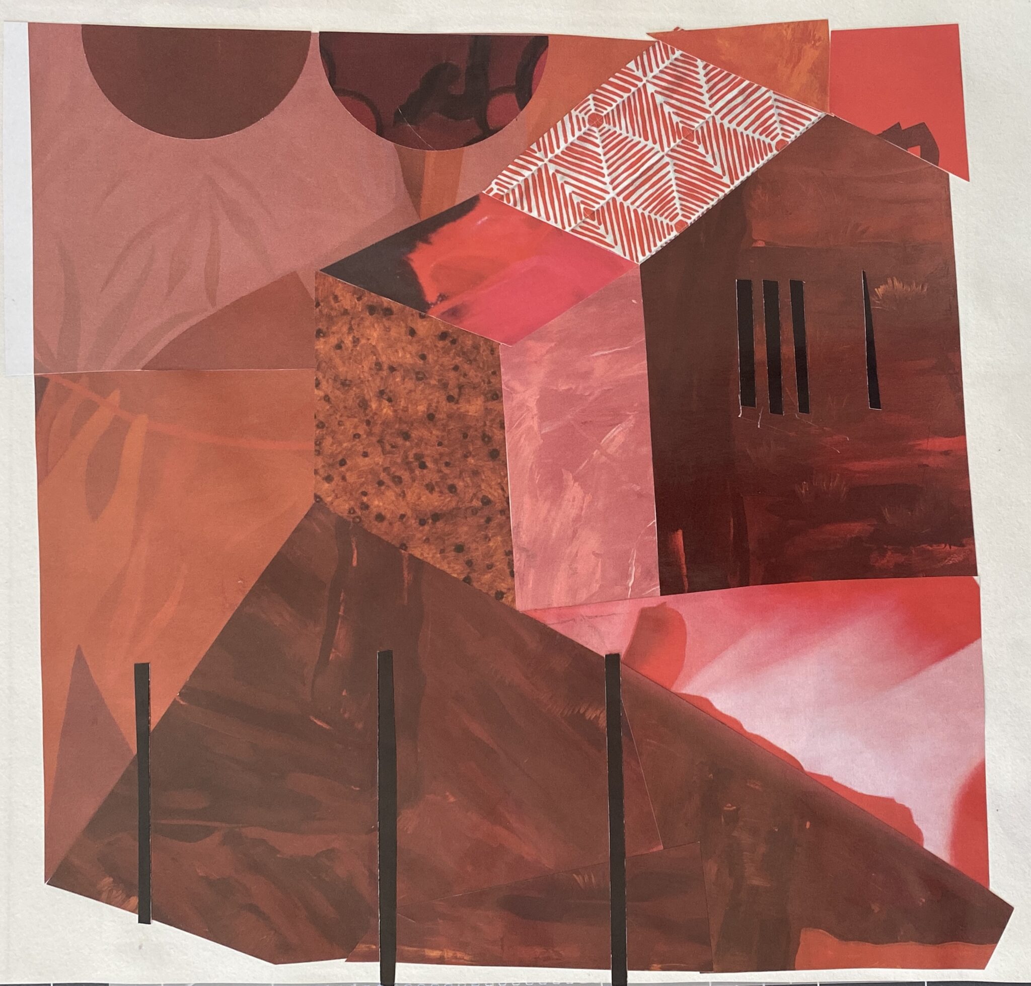 collage of magazine papers to make an old red barn