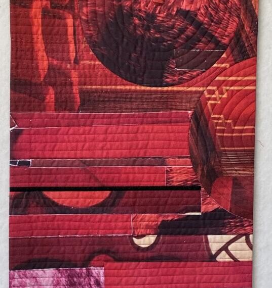 red collage fragments uses the extra fabric that was digitally printed by SPoonflower when printing Detailed in Red. It's been stitched and then hand stitches have been added on top