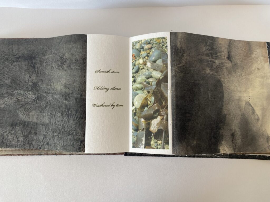 an image showing the spine of the book with images transferred from French Beach in Victoria BC and a short poem