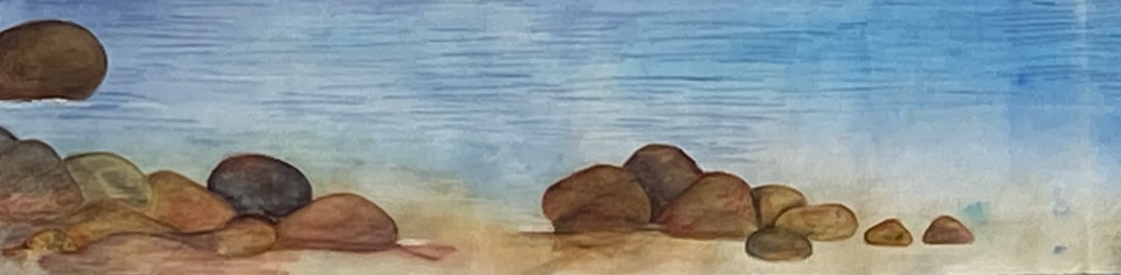 Detail - image showing a long and skinny piece of work painted on duck canvas. This detail shows the rocks painted.