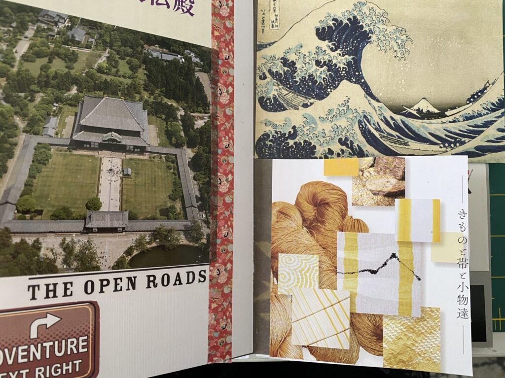 an image showing two pages from my Japan journal with lots of different ephemera and found objects from magazines and pamphlets