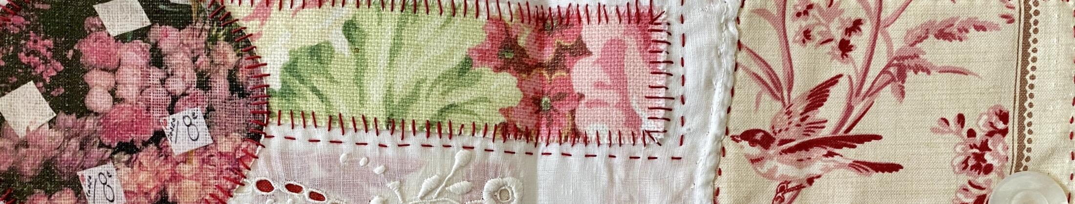 detail of an image from the Paris book showing an image transfer from a flower market plus some small pieces of fabric on lace all stitched by hand with red thread