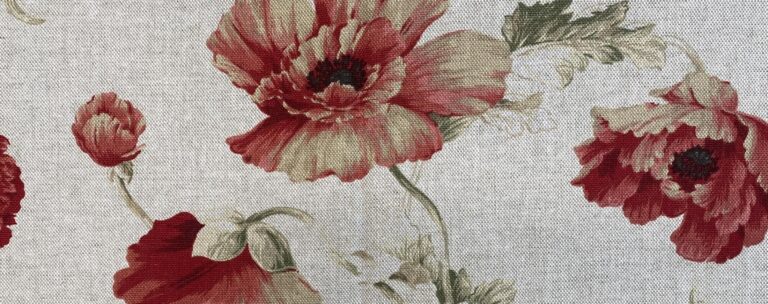 the image shows a piece of linen fabric with peonies on it - used to paint the back of an antique chair purchased in Buenos Aires