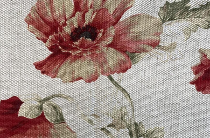 the image shows a piece of linen fabric with peonies on it - used to paint the back of an antique chair purchased in Buenos Aires