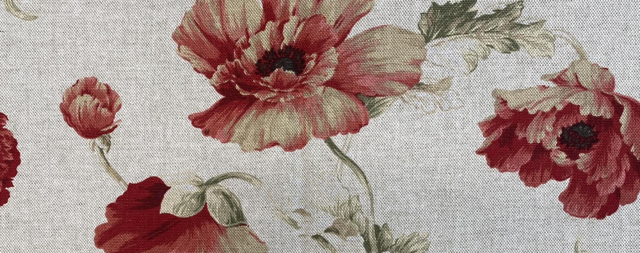 the image shows a piece of linen fabric with peonies on it - used to paint the back of an antique chair purchased in Buenos Aires