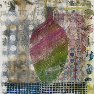 image showing a monoprinted piece with a vase in burgundy, greens and blues