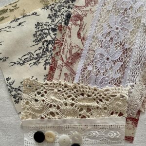 image showing a kit of vintage toile de jouy fabrics, laces and buttons