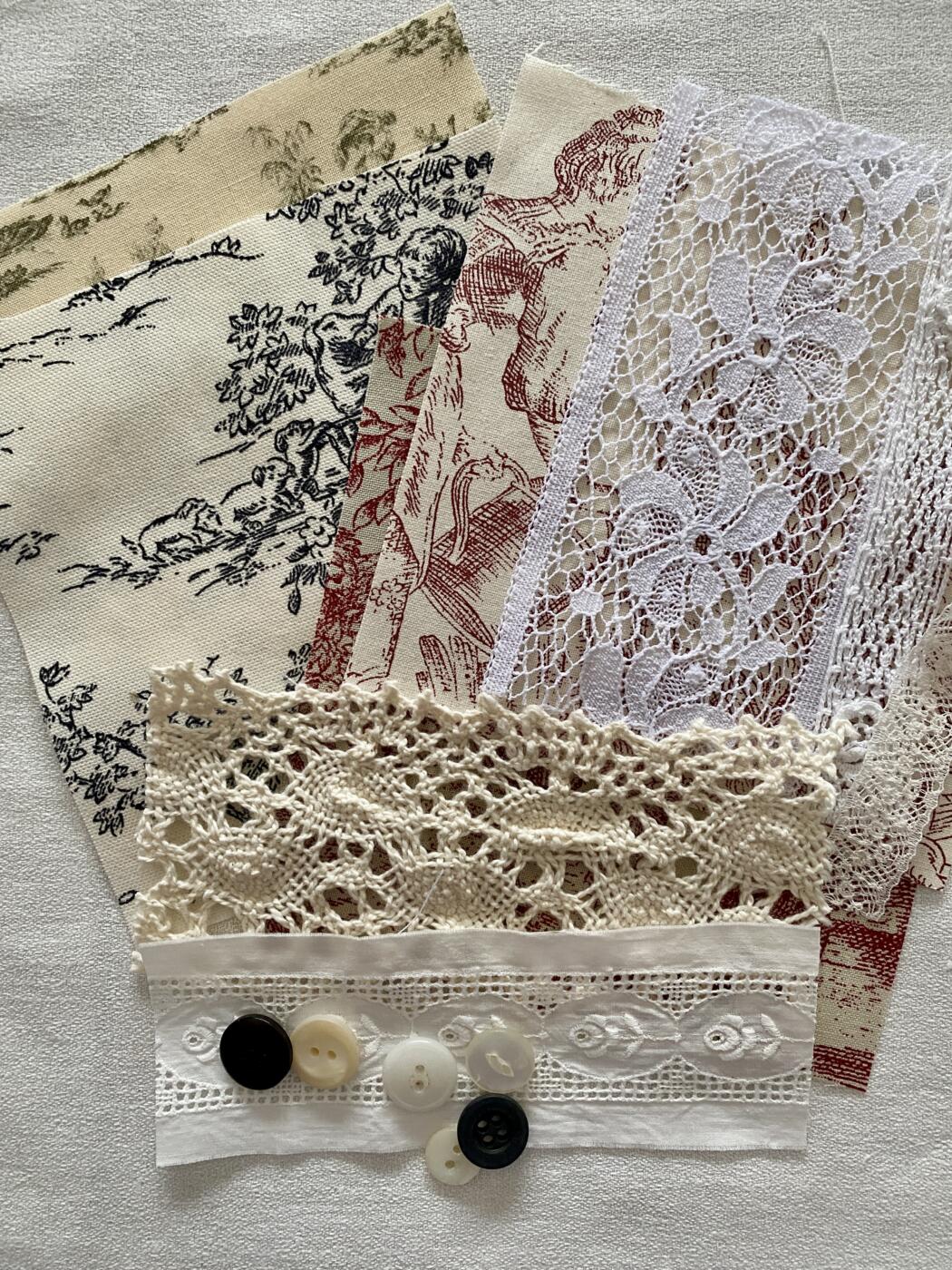 image showing a kit of vintage toile de jouy fabrics, laces and buttons